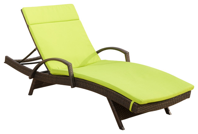 Olivia Outdoor Brown Wicker Armed Chaise Lounge Chair With Beige