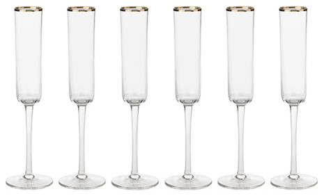 "Zalli" 11.25" Tall Flute Champagne Glass, Gold Rim (Set of 6)