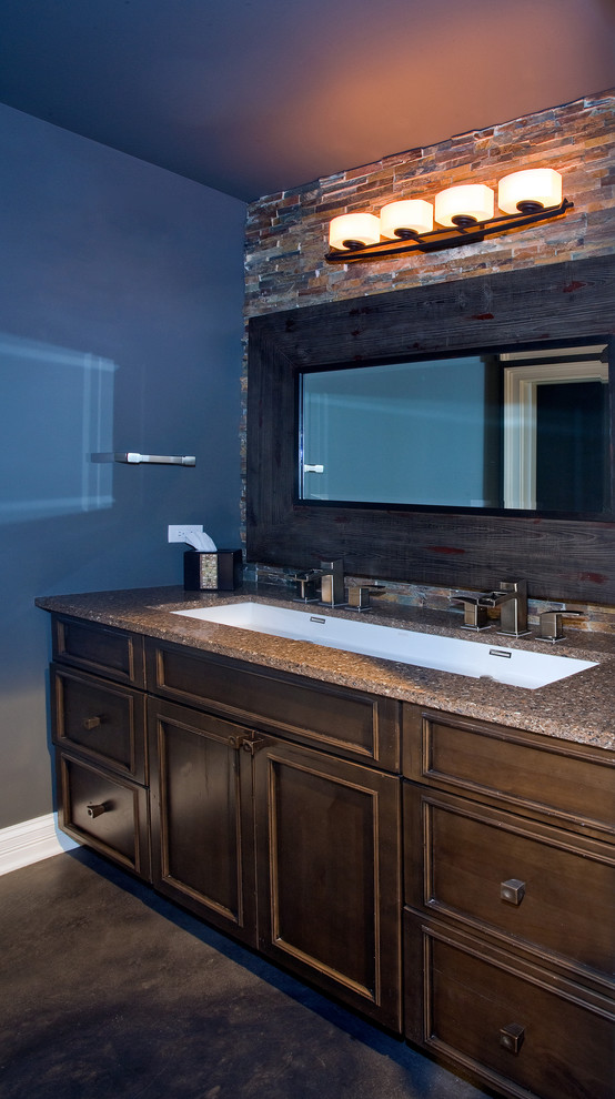 Inspiration for a large traditional 3/4 bathroom in Chicago with recessed-panel cabinets, brown cabinets, an alcove shower, blue walls, concrete floors, a trough sink, engineered quartz benchtops, multi-coloured tile and ceramic tile.