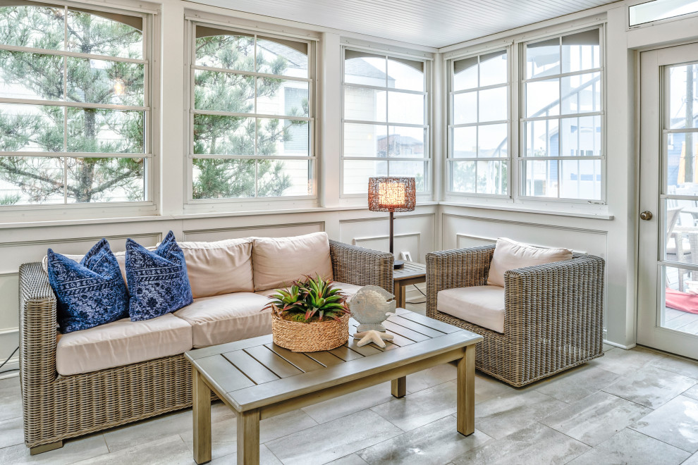 Mid-sized beach style sunroom in Other with ceramic floors and grey floor.