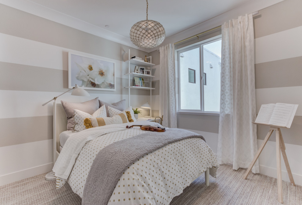 Design ideas for a transitional kids' bedroom for girls in San Francisco with carpet, grey walls and grey floor.