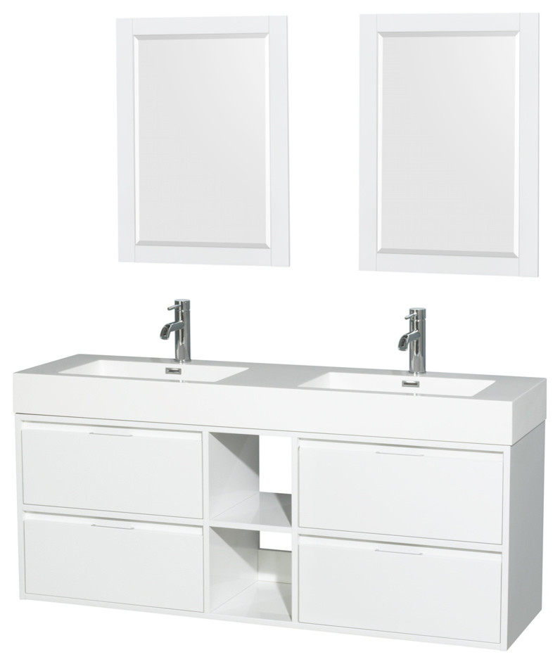 60" Double Vanity, Glossy White, Acrylic Resin Top Integrated Sinks, 24" Mirrors