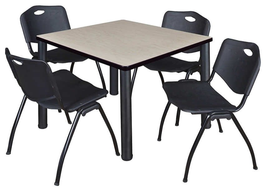 Kee 42" Square Breakroom Table- Maple/ Black & 4 'M' Stack Chairs- Black