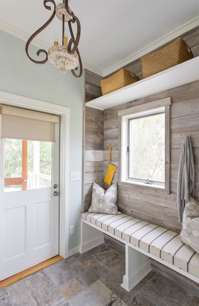 Inspiration for a beach style entryway in San Francisco with grey walls, a single front door and a glass front door.