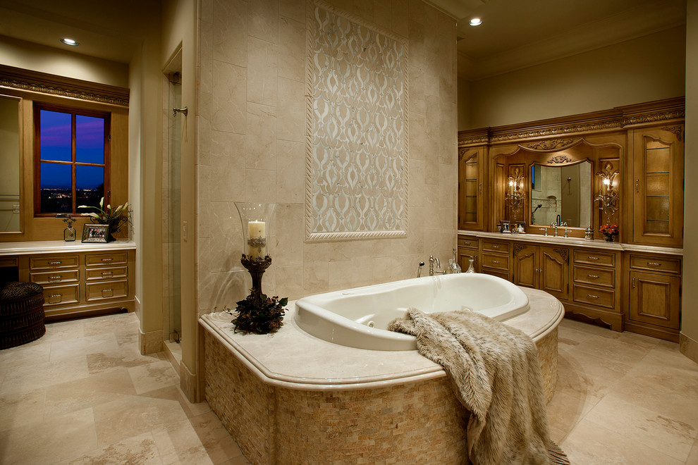 Drop-in bathtub - huge transitional master white tile and porcelain tile porcelain tile drop-in bathtub idea in Phoenix with flat-panel cabinets, medium tone wood cabinets, a one-piece toilet, beige walls, a drop-in sink and granite countertops