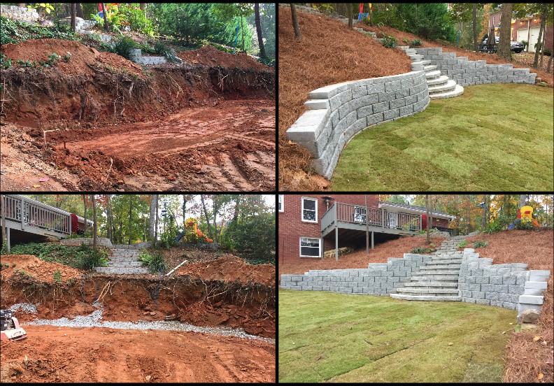 Modular Concrete Block Wall with Steps, Pressure Treated Timber Walls, Sod
