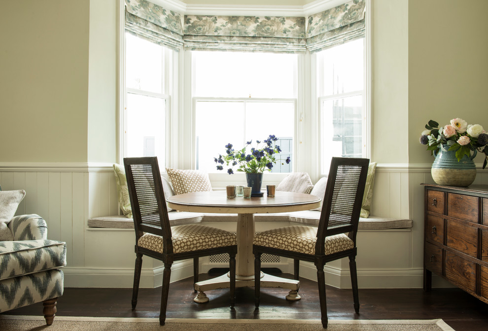 Design ideas for a transitional dining room in London with dark hardwood floors.