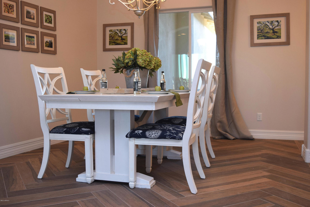 Mid-sized transitional porcelain tile great room photo in Phoenix with beige walls