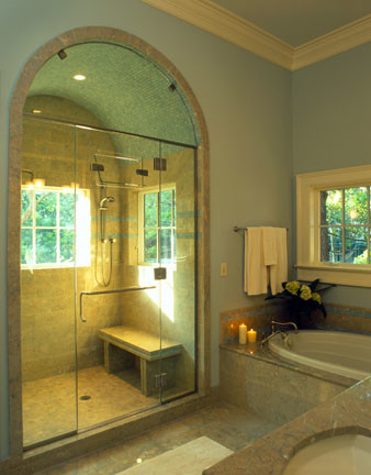 Example of a large transitional master multicolored floor and double-sink alcove bathtub design in Charleston with blue walls, an undermount sink, a hinged shower door and multicolored countertops