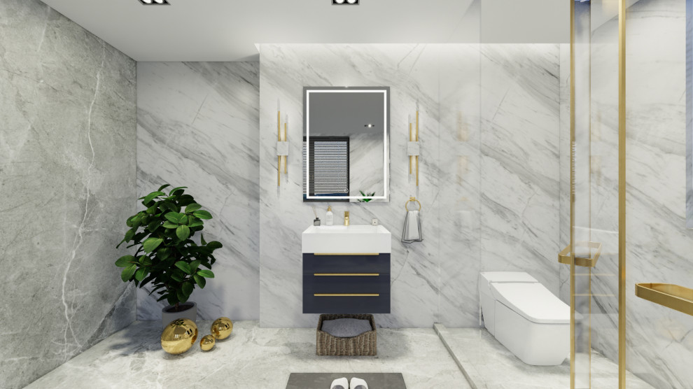 Design ideas for a small modern 3/4 bathroom in Los Angeles with shaker cabinets, grey cabinets, a trough sink, limestone benchtops, white benchtops, a single vanity and a freestanding vanity.