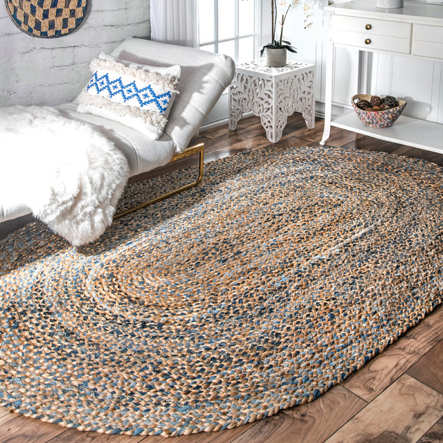 Hand Braided Twined Jute and Denim Area Rug Beach Style Area Rugs