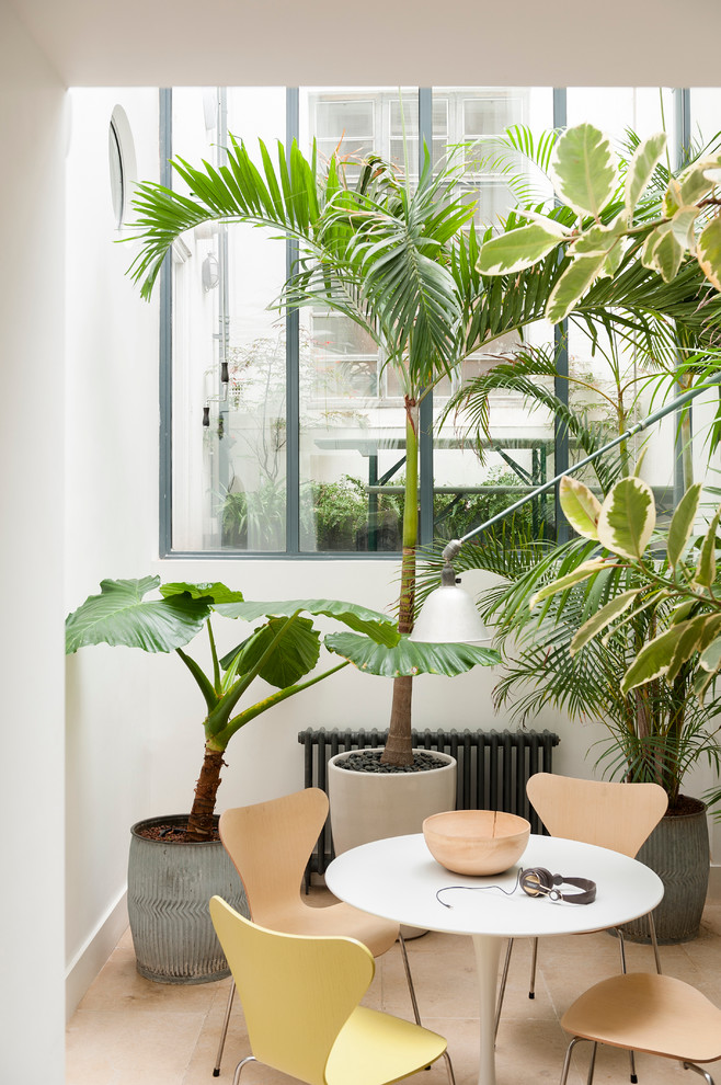 Small tropical sunroom in London with ceramic floors, a skylight and no fireplace.