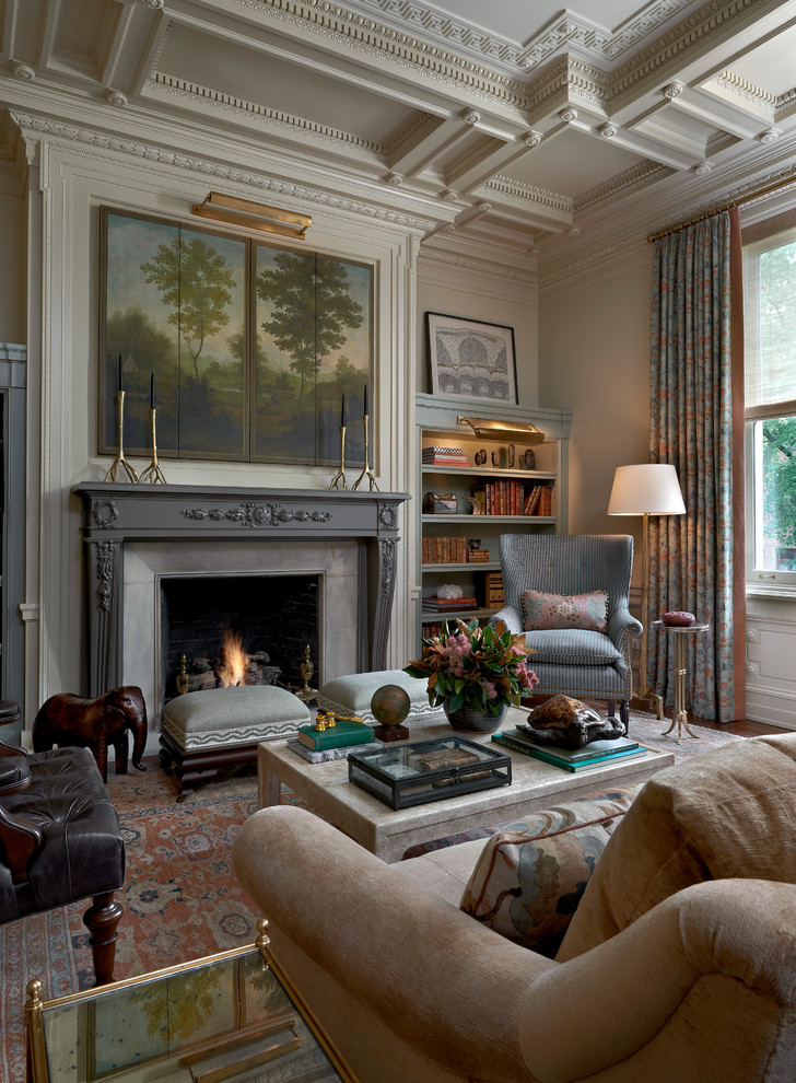 Traditional formal enclosed living room in Chicago with grey walls and a standard fireplace.