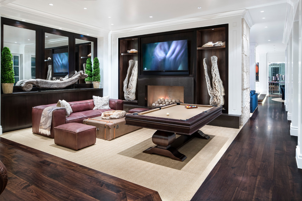 Inspiration for a large modern open concept family room in Austin with a game room, white walls, dark hardwood floors, a standard fireplace, a wall-mounted tv and brown floor.
