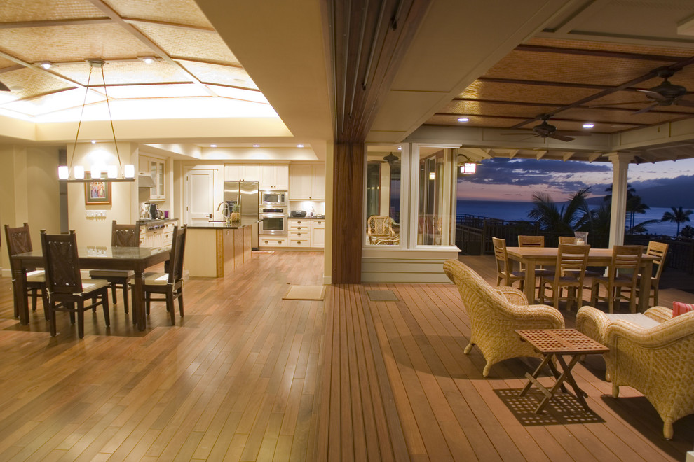 Design ideas for a tropical open plan dining in Hawaii.