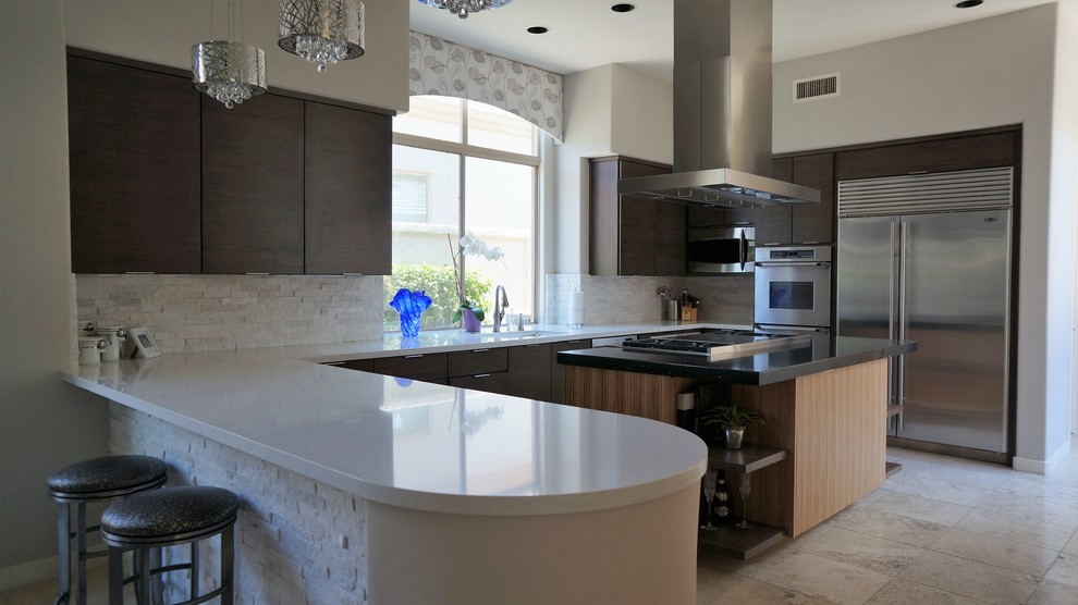 Mid-sized transitional u-shaped travertine floor and beige floor open concept kitchen photo in Phoenix with a single-bowl sink, flat-panel cabinets, dark wood cabinets, quartz countertops, white backsplash, stone tile backsplash, stainless steel appliances and an island