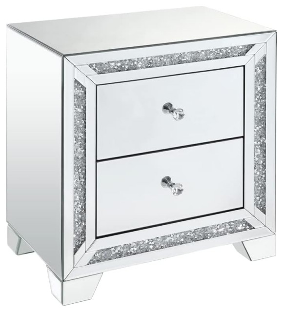 Contemporary Nightstand, Mirrored Design With Faux Diamond Inlay & 2