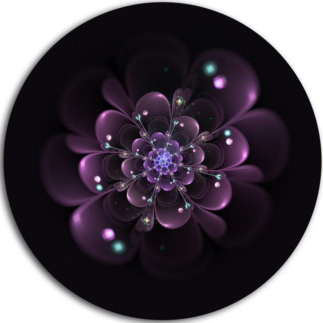 Glowing Light Purple Fractal Flower On Black, Disc Metal Wall Art