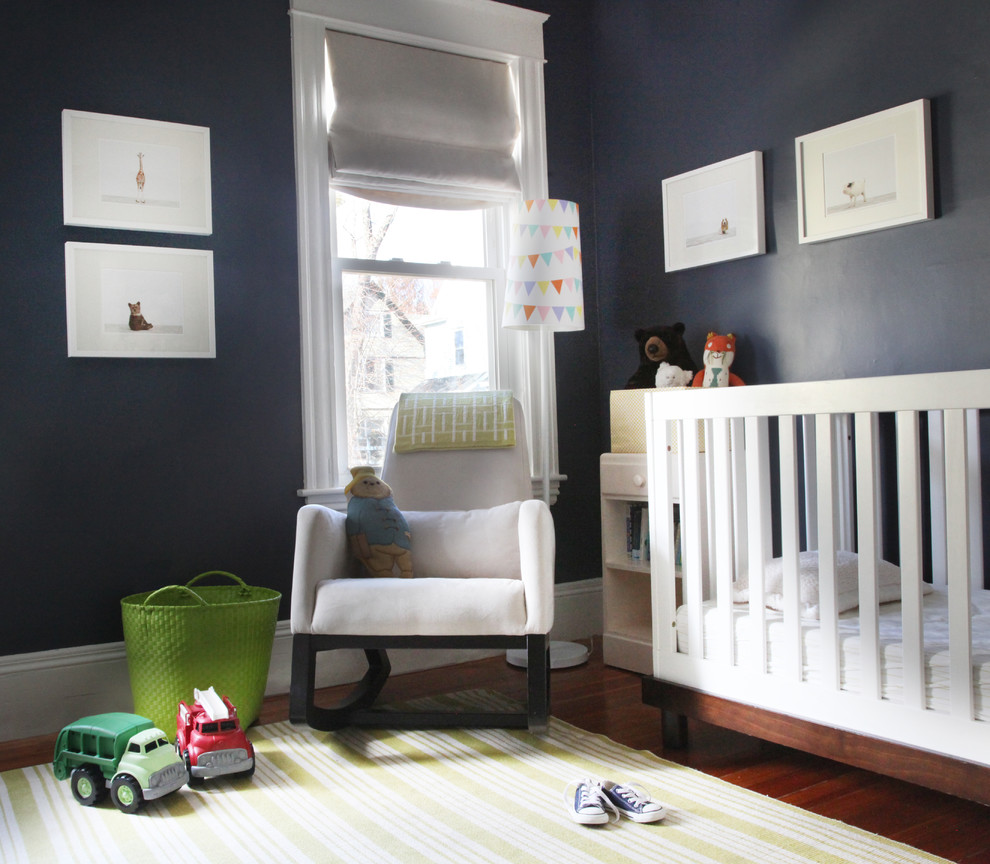 This is an example of a small bohemian nursery in Boston.