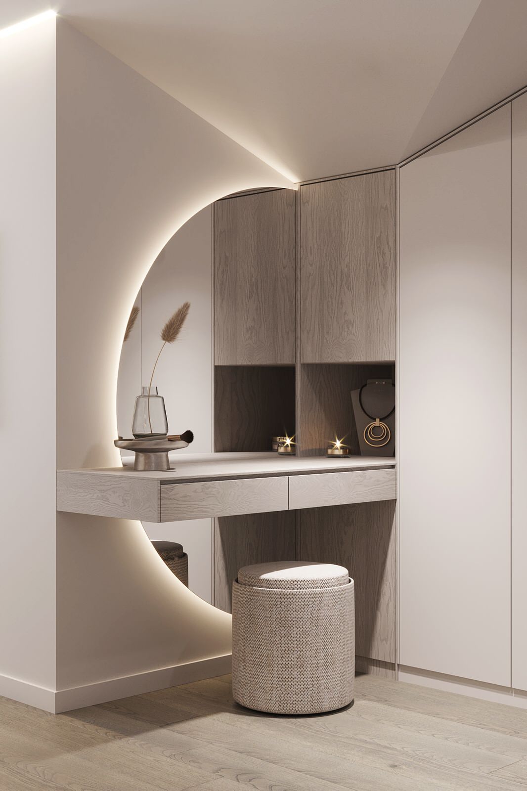 Белые интерьеры спальни и ванной комнаты