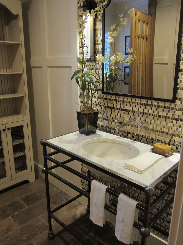 Inspiration for a small timeless 3/4 brown tile and mosaic tile bathroom remodel in Other with an undermount sink, furniture-like cabinets, distressed cabinets and white walls