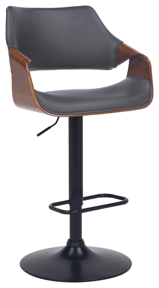 Aspen Adjustable Swivel Faux Leather and Wood Bar Stool With Metal Base, Gray, Walnut and Black