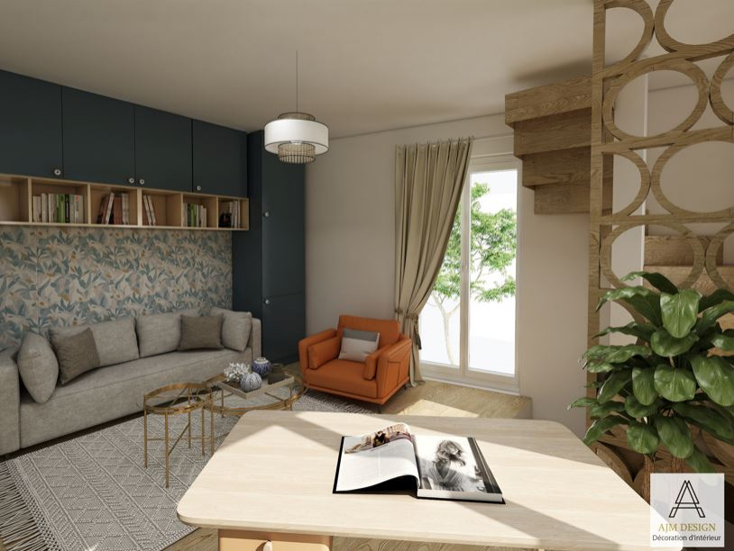 Imagen de despacho de estilo de casa de campo de tamaño medio con paredes blancas, suelo de madera clara, escritorio independiente y papel pintado