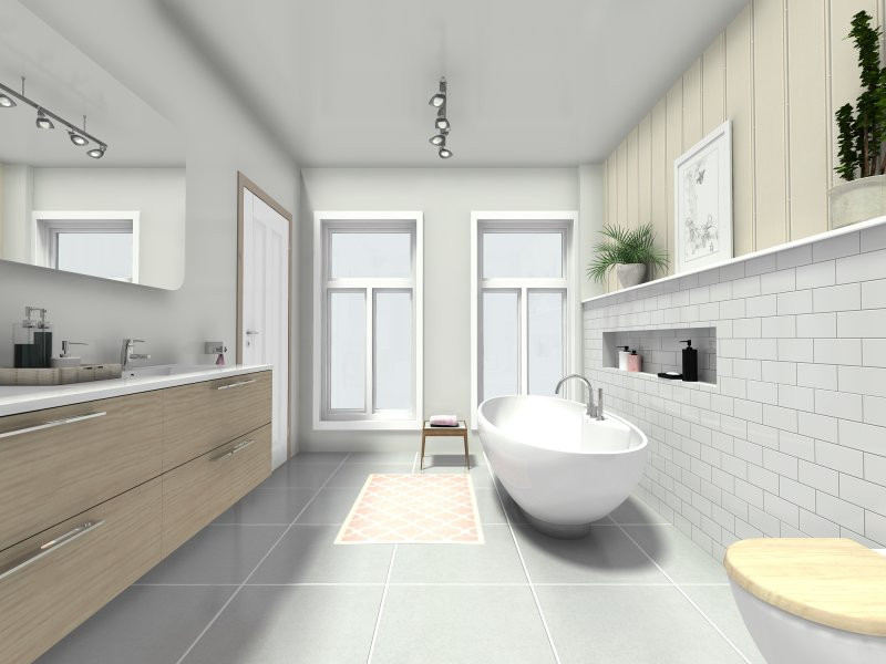 Idee per una stanza da bagno padronale scandinava con piastrelle bianche e due lavabi