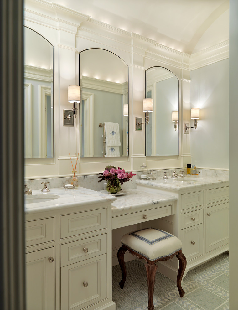 Mid-sized traditional bathroom in Boston with marble benchtops, beaded inset cabinets, white cabinets, white walls, an undermount sink and white benchtops.