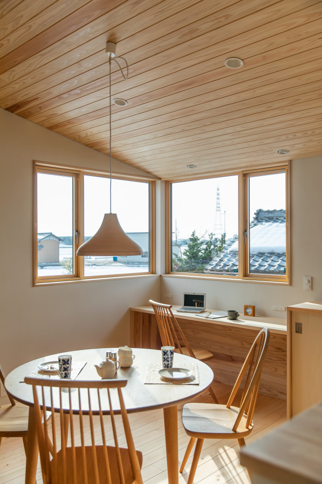 Источник вдохновения для домашнего уюта: столовая с бежевыми стенами, светлым паркетным полом и деревянным потолком
