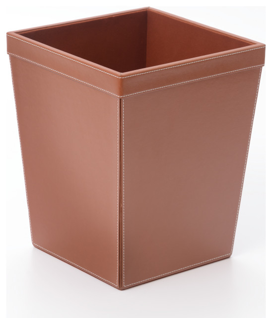 Vohann Chestnut Brown Leather Executive Office Wastebasket