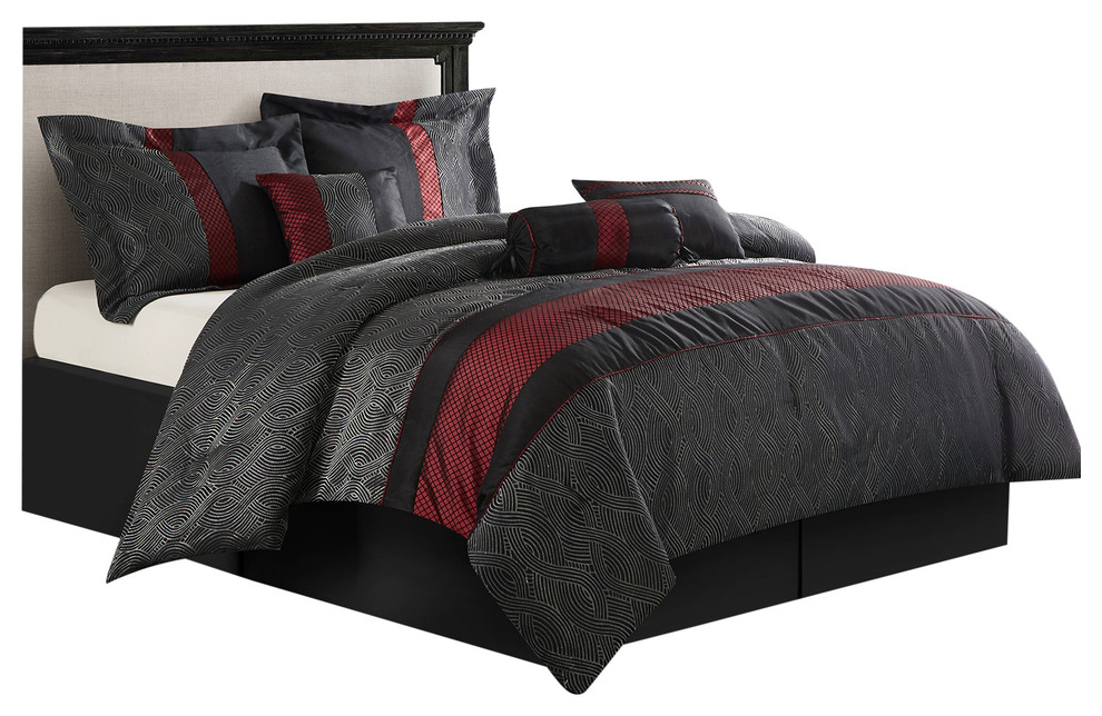 Corell Black 7Piece Comforter Set, Black/Red, Queen Contemporary Comforters And Comforter