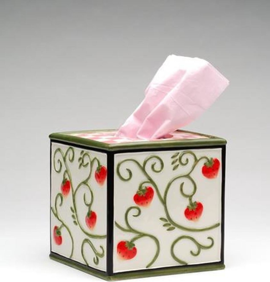 5.5 Inch Porcelain Tissue Box Holder with Strawberry on Vine Design