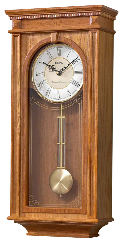 Bulova Manorcourt Chiming Pendulum Wall Clock Golden Oak Finish