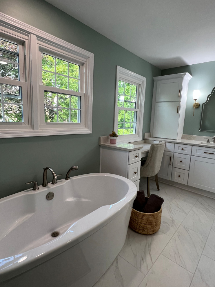Large transitional master green tile single-sink walk-in shower photo in Louisville with shaker cabinets, white cabinets, an undermount sink, quartz countertops, a hinged shower door, beige countertops and a built-in vanity