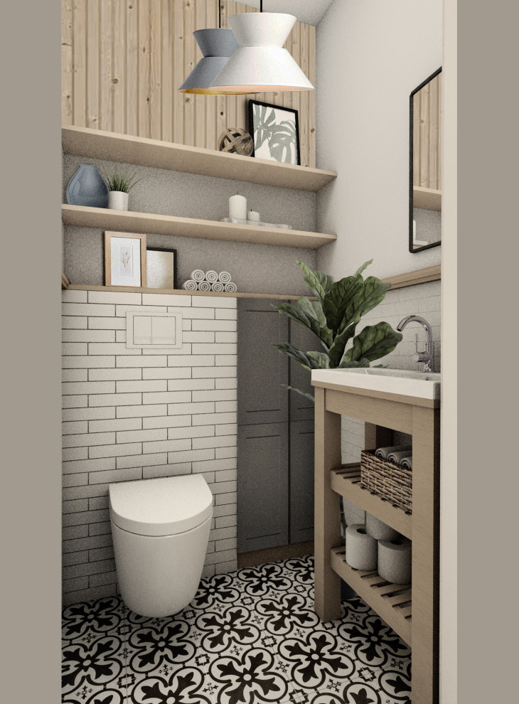 Small modern powder room in Other with open cabinets, light wood cabinets, a wall-mount toilet, white tile, ceramic tile, grey walls, ceramic floors, an integrated sink, engineered quartz benchtops, multi-coloured floor, white benchtops and a freestanding vanity.
