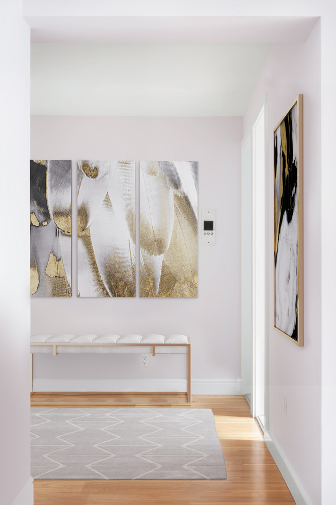Example of a mid-sized transitional medium tone wood floor and brown floor hallway design in New York with pink walls