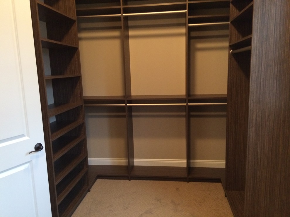 Inspiration for a mid-sized modern walk-in wardrobe in Detroit with flat-panel cabinets, medium wood cabinets and carpet.