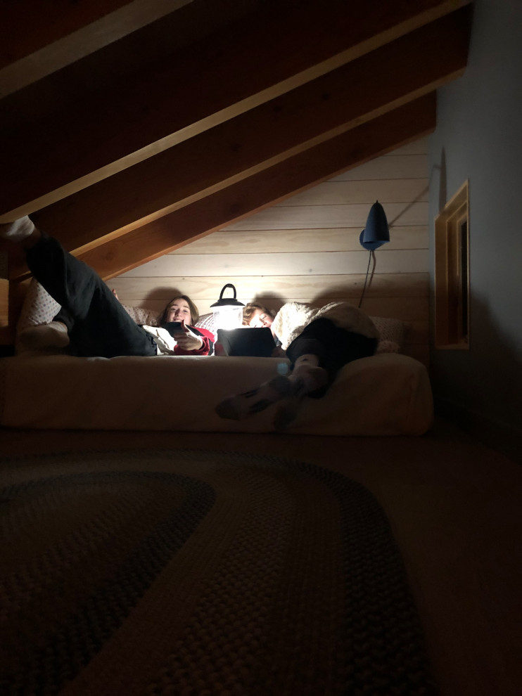 На фото: маленькая нейтральная детская в стиле рустика с спальным местом, синими стенами, паркетным полом среднего тона, деревянным потолком и деревянными стенами для на участке и в саду с