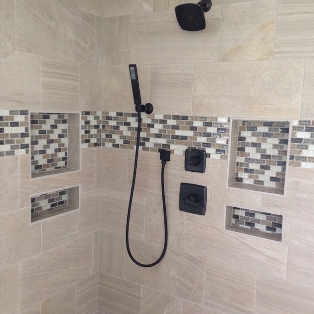 Example of a mid-sized transitional master beige tile, brown tile, gray tile and porcelain tile bathroom design
