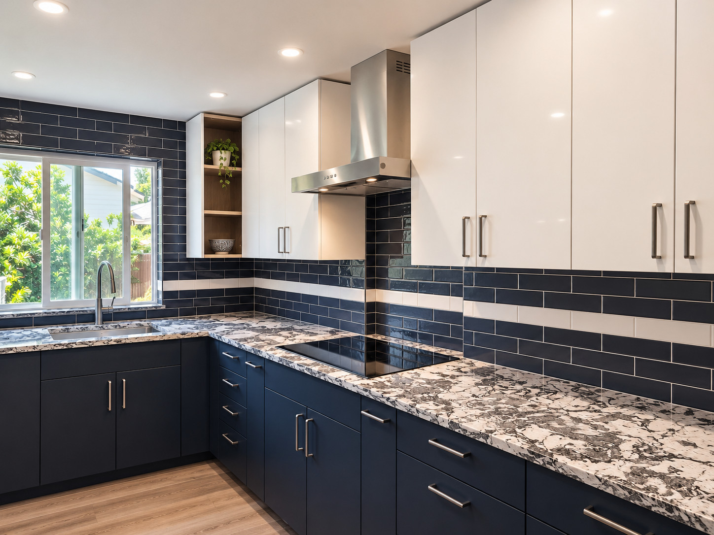 A modern kitchen transformation featuring a handcrafted subway tile backsplash, premium quartz countertops, and clean, contemporary finishes. Every detail was installed with precision to create a time