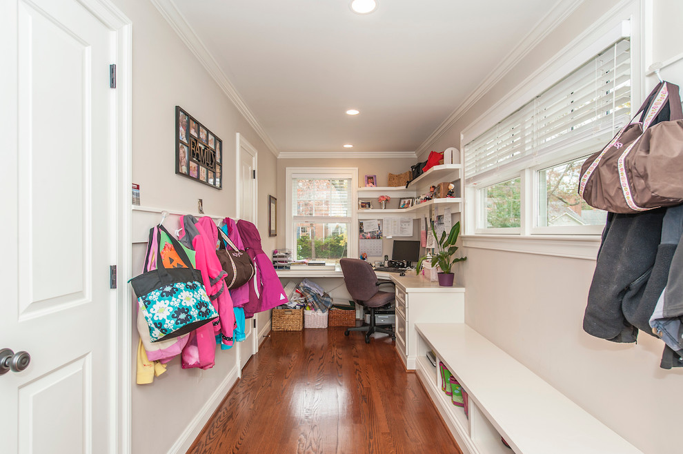 Mudroom - large transitional medium tone wood floor mudroom idea in DC Metro