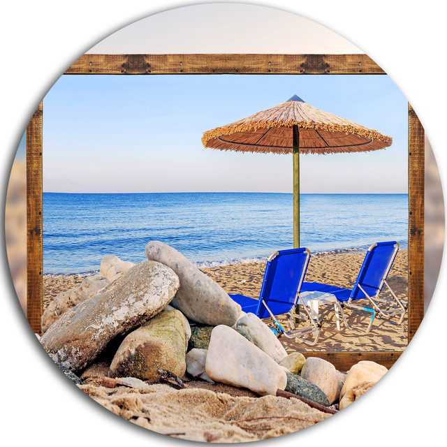 Framed Beach with Chairs, Umbrella, Seashore Round Metal Wall Art