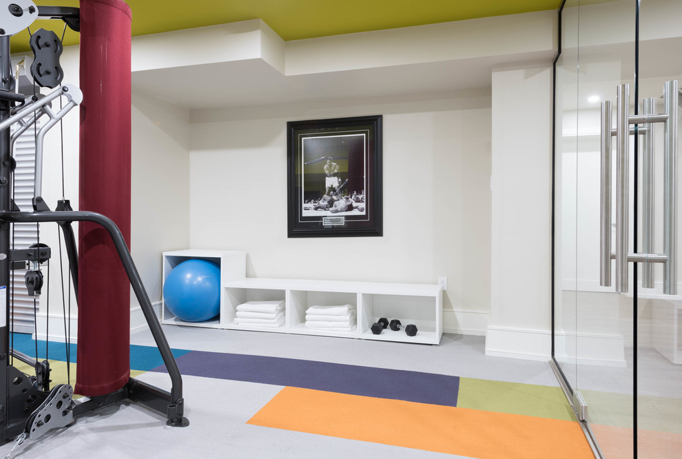 Photo of a large contemporary home weight room in Toronto with white walls, carpet and multi-coloured floor.