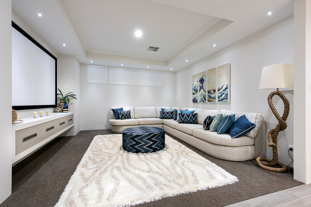 This is an example of a large contemporary open concept home theatre in Perth with white walls, carpet and a projector screen.