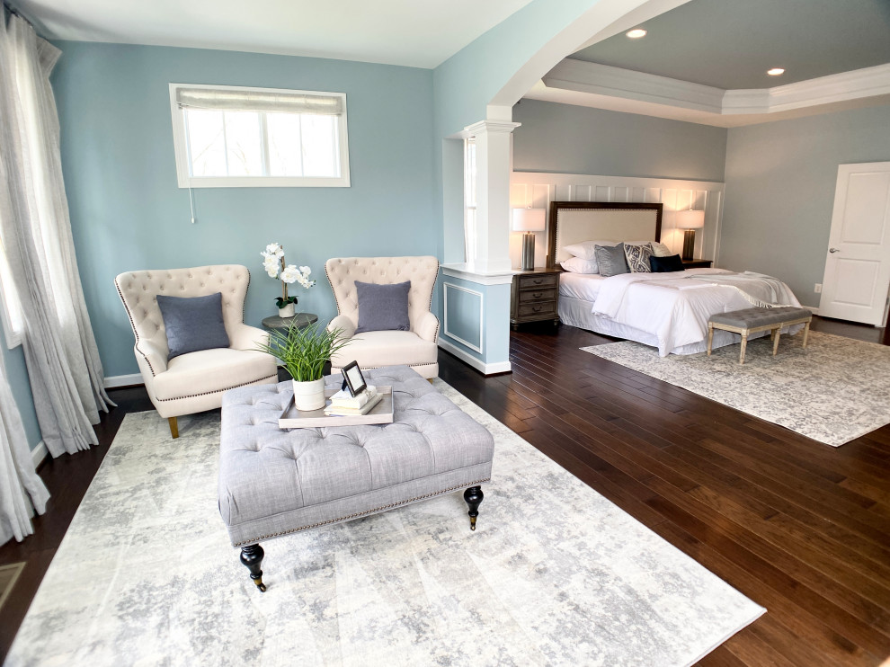 Photo of an expansive classic master bedroom in DC Metro with blue walls, dark hardwood flooring, no fireplace, brown floors, a drop ceiling and wainscoting.