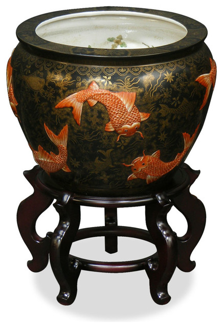 13.5 Inch Porcelain Koi Fish Motif Chinese Fishbowl Planter - Asian