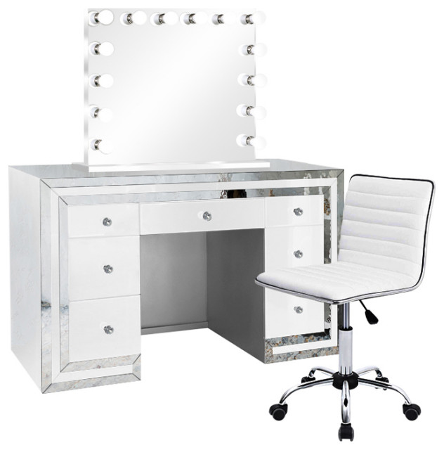 60" GlamCrystal Mirrored 7Drawer LED Makeup Station Contemporary