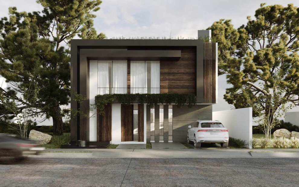 Idee per la facciata di una casa grande nera moderna a piani sfalsati con rivestimenti misti