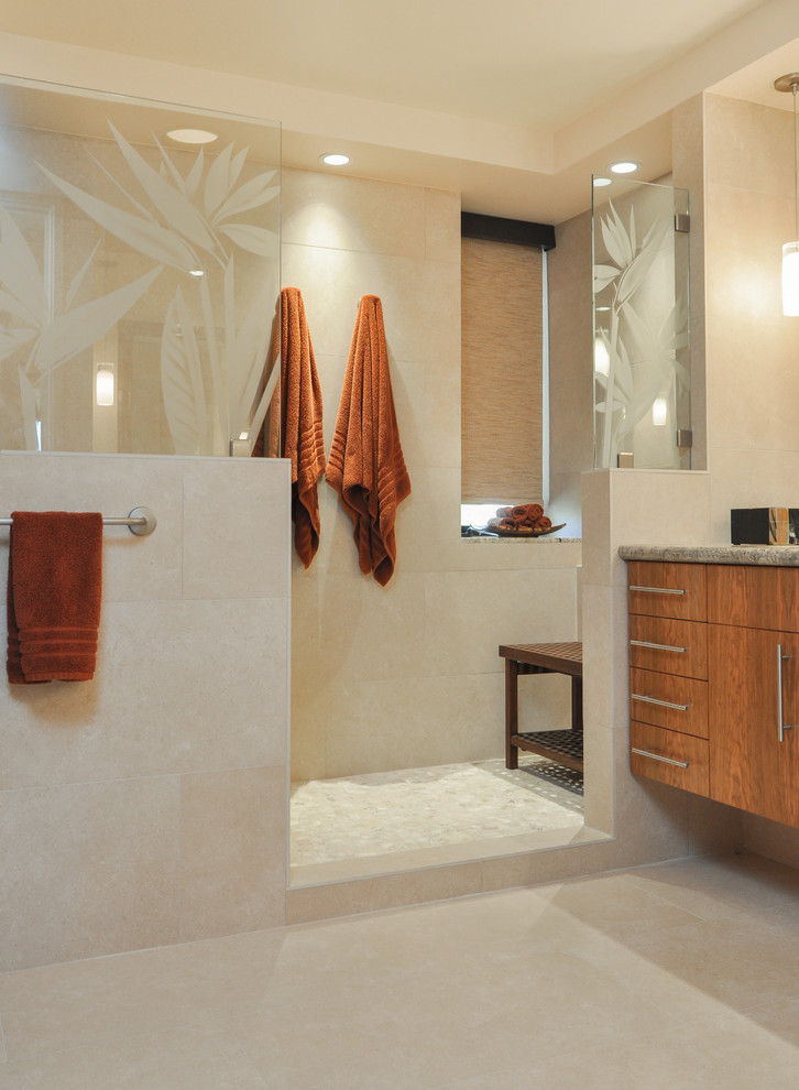 Inspiration for a mid-sized contemporary master bathroom in Hawaii with flat-panel cabinets, medium wood cabinets, a corner shower, an undermount sink, granite benchtops, beige floor and an open shower.